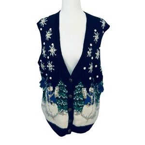 Vintage Marisa Christina Navy  Christmas Snowman Holiday Knit Vest Medium